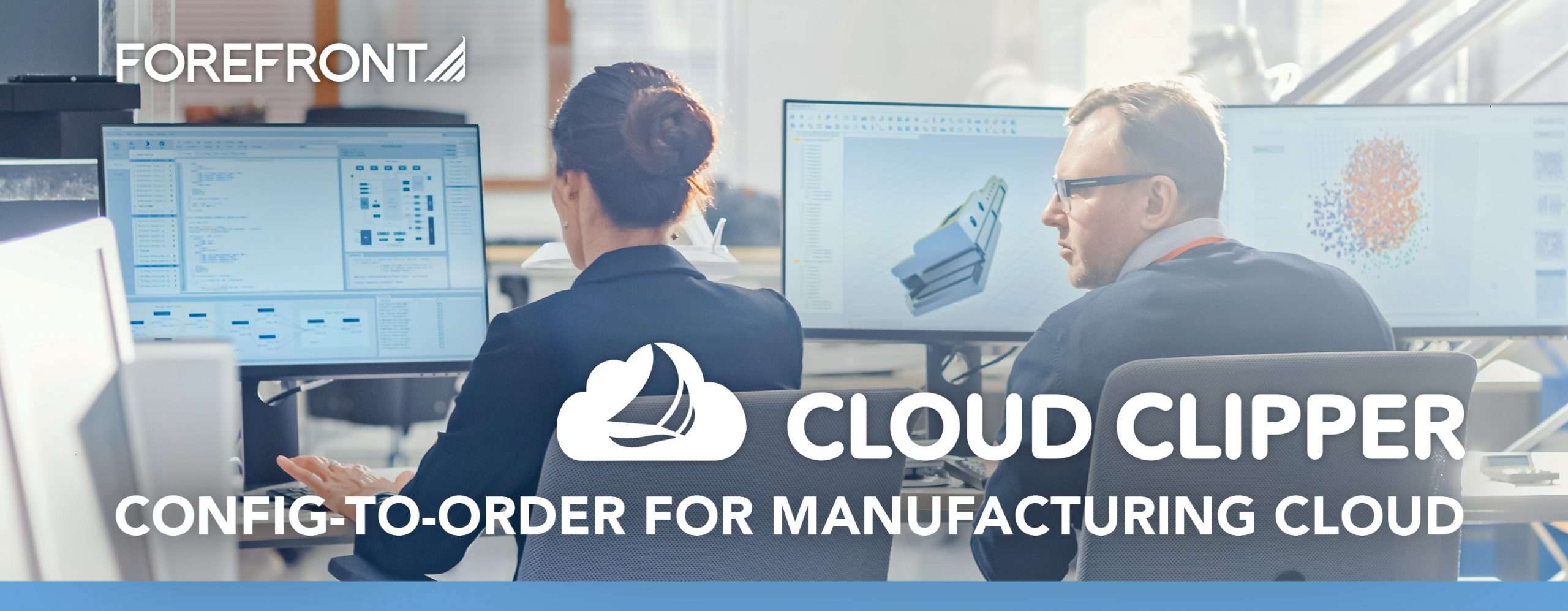 A banner image with a background of two people working on computers. The text reads: Cloud Clipper, Config-to-Order for Manufacturing Cloud"