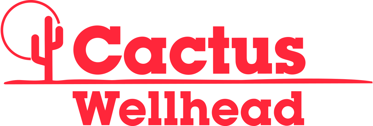 Red font words saying Cactus Wellness stacked with a red cactus symbol