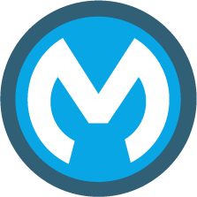 Blue circle with dark blue outline, letter M in white in the center